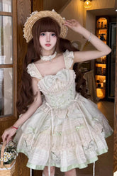 Robe Jsk Lolita Ballet Douce en Dentelle avec Nœud à Volants Sans Manches Vert Menthe Lait